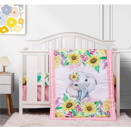 Sweet Baba Pink Cartoon Elephant Crib Bedding Set for Girls,3 Piece Nursery Crib Set-Crib Sheet/Crib Skirt/Quilt