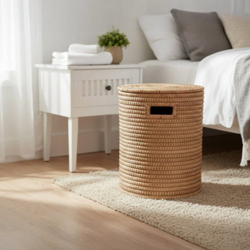 100% Handwoven Natural Rattan Approximately 16-18" Round Basket with Lid & Handles, Boho Farmhouse Decorative Laundry & Storage Organizer, Handcrafted – Authentic African Craftsmanship | Wayfair