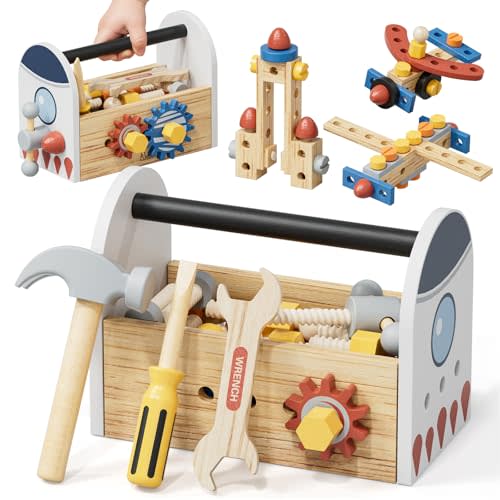 Wooden Tool Set for Toddlers 3-5, Space Themed Montessori Tool Box for Kids | 47Pcs Construction Toy