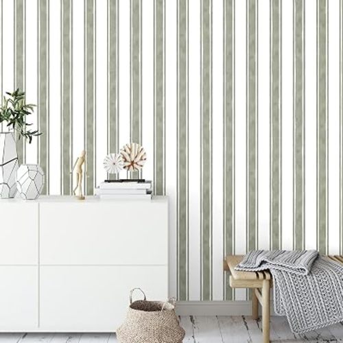 Affrolling Striped Peel and Stick Wallpaper 15.75"x118.11",Sage Green