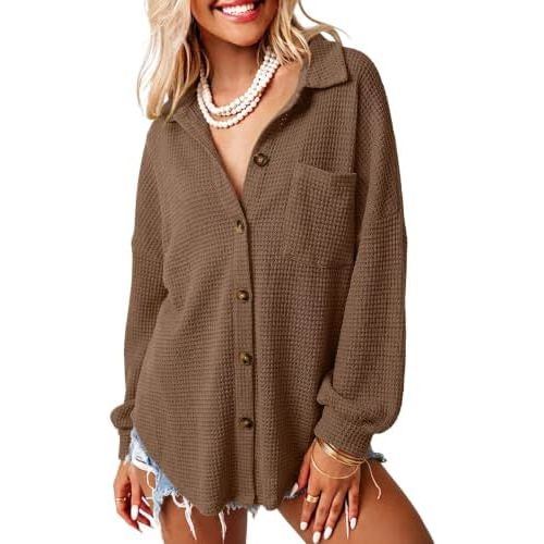 Dokotoo Womens Waffle Knit Shacket Jacket Casual Button Down Shirts Tops