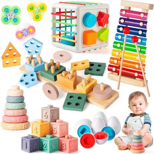 7‑in‑1 Montessori Baby Toys for 6‑12 Months & 1+ Years, Infant Sensory Teething & Stacking Blocks | Wooden Shape Sorter, Xylophone Musical Toy, Birthday Gift for Toddlers 1‑3