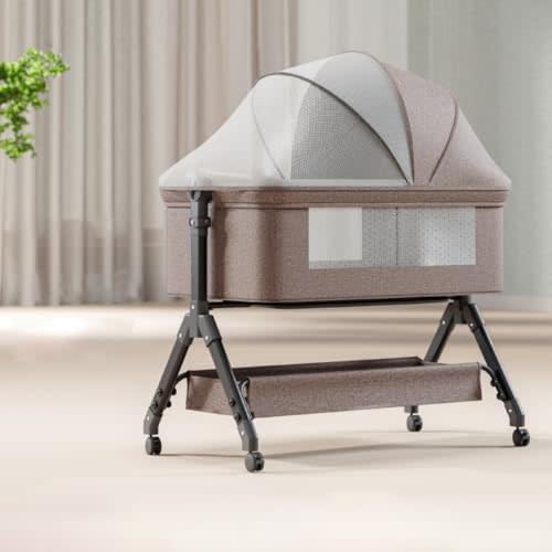 Baby Bassinet Bedside Sleeper,Adjustable Height, Breathable Mesh with Mosquito Net, Safe & Sturdy Frame, Wheels & Storage Basket, Easy Assembly & Disassembly(Khaki)