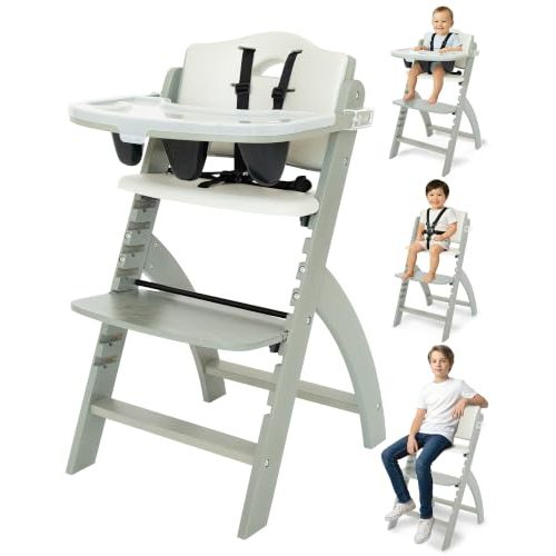 Abiie Beyond Junior Convertible Wooden High Chair with Removable Tray | 3-in-1 Adjustable Highchair for Babies & Toddlers, Fits 6 Mos to 250 lbs, Water-Resistant, Misty Grey Wood/Dove Grey Cushion