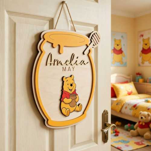Disney Winnie the Pooh Honey Pot Wooden Name Sign, Personalized Nursery Wall Decor, Pooh Bear Baby Room Door Hanger