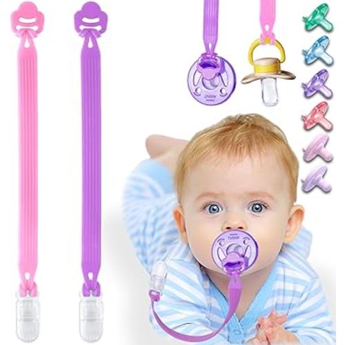 Silicone Pacifier Clip with Adapter Ring for Philips Avent Soothie, 2 Pack One-Piece Soft Binky Clips Holder for Baby Girls Boys, Anti-Loss Paci Clips for Baby Shower Newborn Essentials