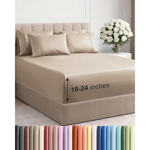Extra Deep Cal King Sheet Set - 6 Piece Breathable & Cooling Sheets - Cream