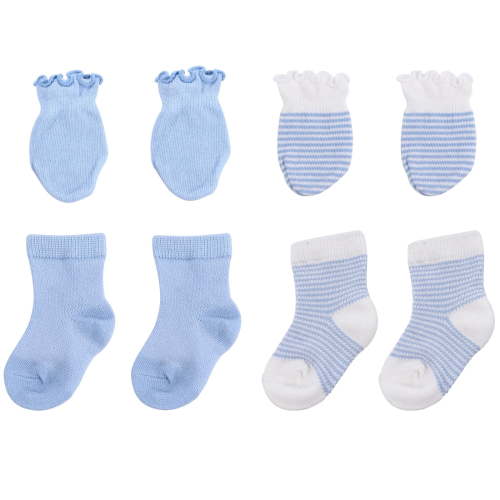 Baby Socks and Mittens Set, 4-Piece Newborn Essentials, Soft Cotton Blend Socks and Scratch Mittens for Infant, Hospital Going Home Outfit, Daily Wear and Baby Shower Gift-Blue