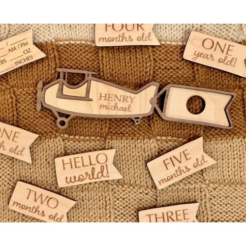 Vintage Airplane Milestone Photo Prop: Engraved Name, Birth Stats