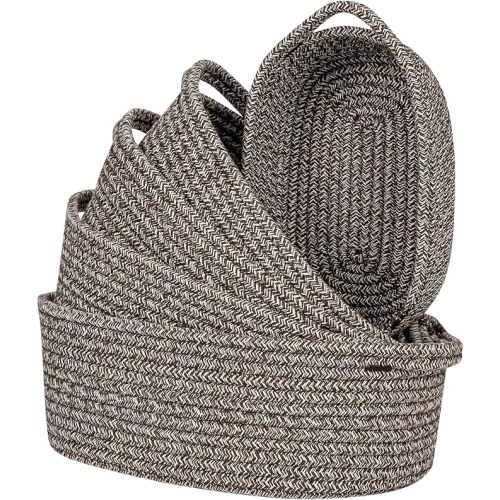 CubesLand Small Cotton Rope Storage Basket Set 5, Shelves Baskets for Organizing with Handle, Decorative Closet Storage Bins for Countertop Toilet Paper Basket for Toilet Tank Top,Mixed Brown Basket