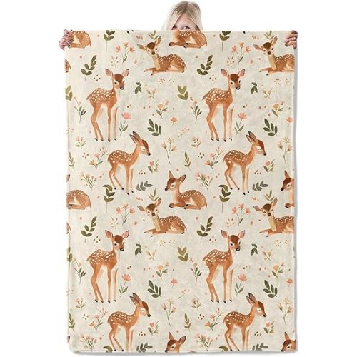 Whimsical Small Deer Blanket 50×60 Inch,Woodland Illustration Style Lightweight Flannel Throw with Autumn Fawn and Wildflower,Neutral Fall Home Decor,Gifts for Girls,Women