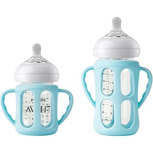2 Pack Silicone Sleeves for Philips Avent Glass Natural Baby Bottles 4oz and 8oz, Anti Breakage Baby Bottle Holder with Handle, Feeding Bottle Handle (Blue)
