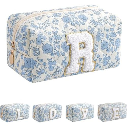 Alphabet Makeup Bag Cosmetic Bag for Women, Christmas Gifts for Girls Age 6-18, Floral Flowers Coquette Travel Toiletry Zipper Make Up Pouch Organizer Trendy Stuff (Blue Floral R)
