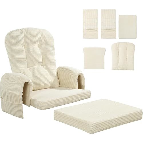 MABOZOO 5 PCS Corduroy Glider Rocker Replacement Cushions with Storage Side Pocket,Foam & Microfiber Filling, Non-Slip & Washable,Thickened & Supportive Rocking Chair Cushion Set(Beige)