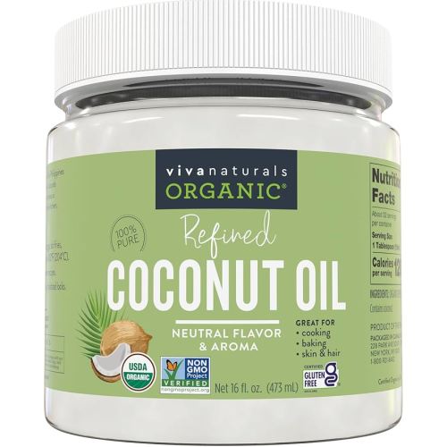Viva Naturals Refined Coconut Oil - Expeller-Pressed Organic Coconut Oil for Cooking and Baking with Neutral Flavor & Aroma - USDA Organic Certified Hair Oil and Skin Moisturizer, 16 Fl Oz
