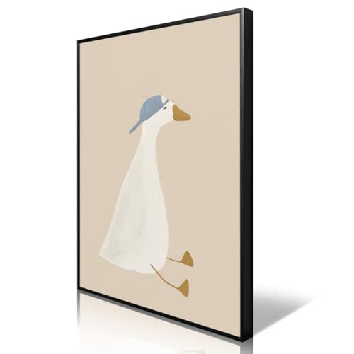 Silly Goose Canvas Wall Art, Cute Nursery Animal Aesthetic Poster, Goose with Baseball Hat Print for Kids Room, Neutral Beige Farm Animal Painting for Boys Playroom Wall Decor 8x12in Unframed