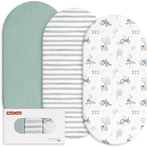 Gllquen Baby Muslin Bassinet Sheets 3 Pack, Breathable Elastic Cozy Fitted Cotton Bassinet Mattress Sheet for Baby Boy Girls, Fit for Hourglass Oval Rectangular Cradle Pad Sheets 33"x17" (Car)