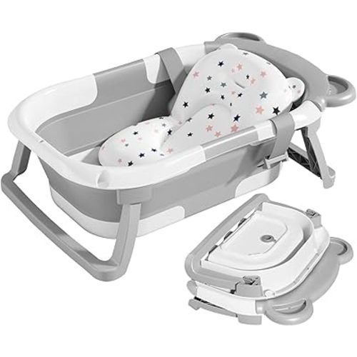 Collapsible Baby Bathtub for Infants to Toddler with Floating Cushion,Foldable Baby Bath Tub Set Applicable 0-36 Month,Perfect Portable Travel Baby Tub for Newborns Boy (Grey)