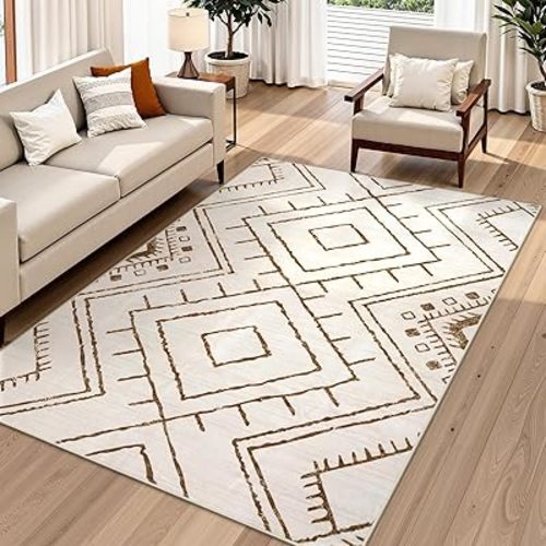 LIVEBOX Western 5x7 Area Rug, Beige Washable Rugs for Living Room Bedroom, Non Slip Moroccan Tribal Rug Low Pile Geometric Soft Boho Area Rugs Diamond Carpet for Dining Room, Nursery Room, Playroom