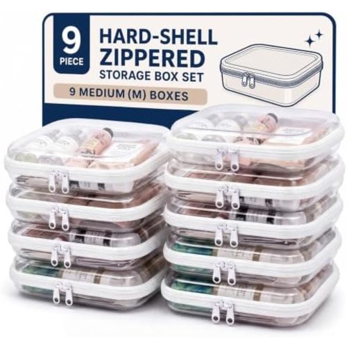 Dimore 9 Pack Medium Clear Hard Shell Zipper Case, 9.5x7x2 Inch Versatile PVC Organizer Box with Zipper, Multi-Purpose Storage Pouch for Makeup, Toiletries, Office Supplies, Chargers