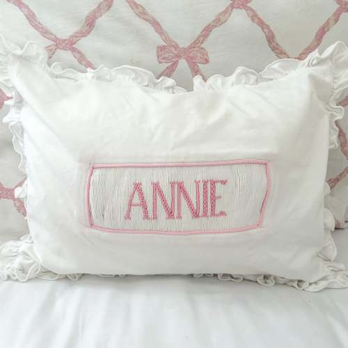 White with Pink Ruffled Name Smocked Infant Pillow Case
