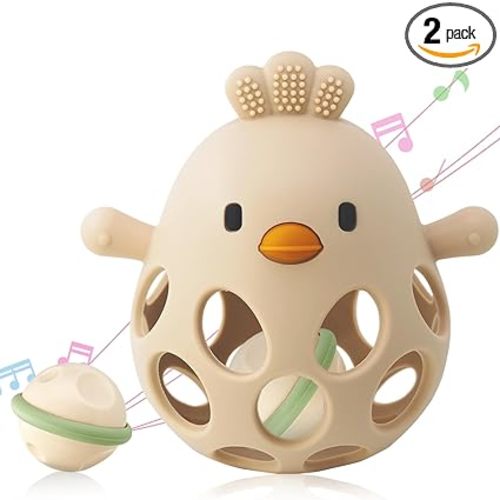 ChooKaChoo 2-in-1 Baby Teething Rattle Toy, Sensory Grasping Teether for Infants 3-12 Months, 100% Food-Grade Silicone, Easy to Hold, Soothing & Developmental, BPA Free