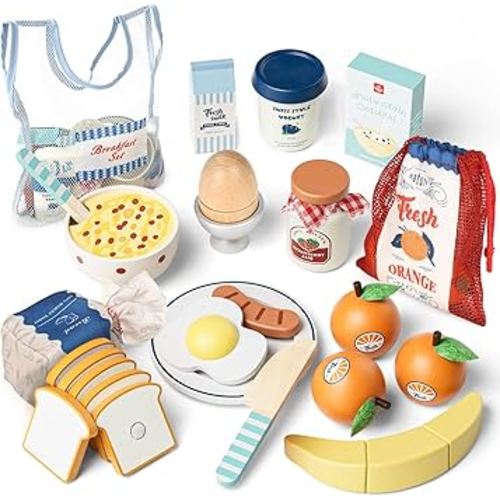 Lehoo Castle Wooden Play Food Set - Montessori Cutting Fruit Egg Bread, Pretend Breakfast Food Toys for Kids Kitchen, Educational Toddler Toys 3-5 Years, with Storage Bag, Birthday Gift for Boys Girls