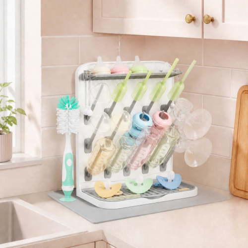 Norcho 15 Hooks Baby Bottle Drying Rack with Drain Mat & Brush, Newborn Essential