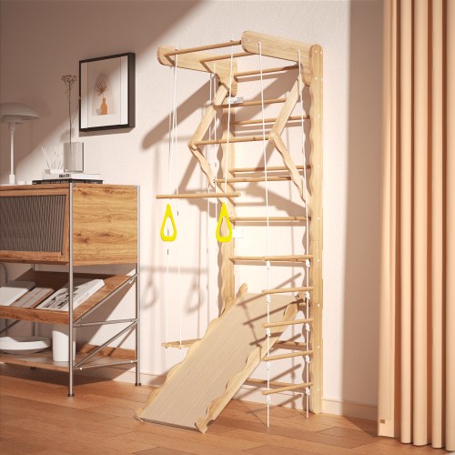 MulinsonFly 5-in-1 Swedish Ladder Wall Set – Montessori Indoor Jungle Gym for Kids 3-8, Wooden Climbing Toy with Pull-up Bar, Swing & Slide, 330lbs Capacity