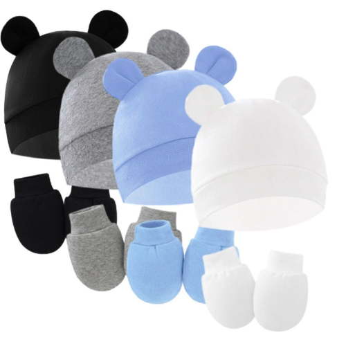 4Pack Newborn Baby Boy Girl Bear Ear Hat and Mitten Sets Infant Cotton Beanie Gloves Newborn Hospital Hat No Scratch 0-6M