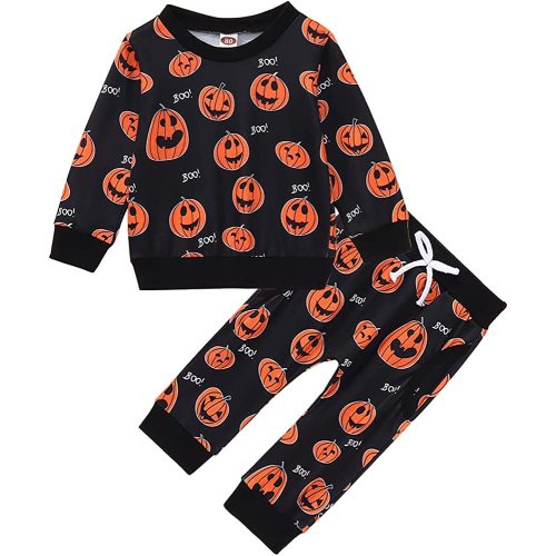 Toddler Baby Boy Girl Halloween Outfits Cute Pumpkin Long Sleeve Sweatshirt Tops + Pants Infant Fall Winter Clothes Set