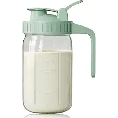 Breast Milk Pitcher, Mason Jar 32 oz, Heavy Duty Wide Mouth Jar with Green Flip Cap Lid and Pour Spout, Airtight Seal for Freshness and Convenience, Great for Cold Beverages and Home Entertaining