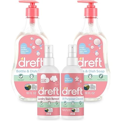 DREFT Bottle and Dish Soap Baby Gift Set - Bonus Travel Size Dreft All Purpose Cleaner & Stain Remover - Made to Clean Baby Essentials - Plant Based Ingredients, Fragrance Free Formula - 4 Piece Set