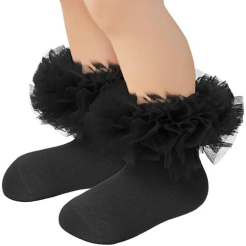 Zando Ruffle Socks for Toddler Baby Girls Double Frilly Lace Dress Socks Kids Ankle Tutu Socks