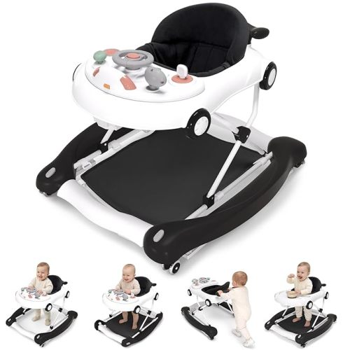 5-in-1 Convertible Baby Walker with Steering Wheel Music Activity Center – Infant Rocker, Jumper, Push Walker, Bouncer & Feeding Foldable Walker for Ages 6-18 Months Boys Girls (Black)