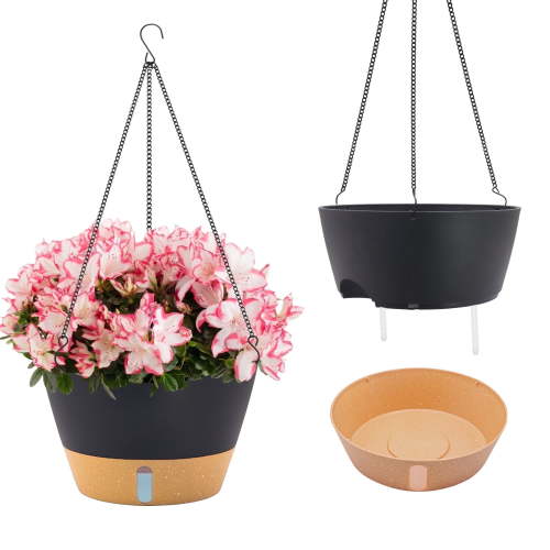 FIASON 2 Pack Plastic 12 Inch Black Grey Large Hanging Planter for Indoor & Outdoor Plants, Self Watering Hanging Baskets with Visual Reservoir, Drainage Holes and Plant Hanger