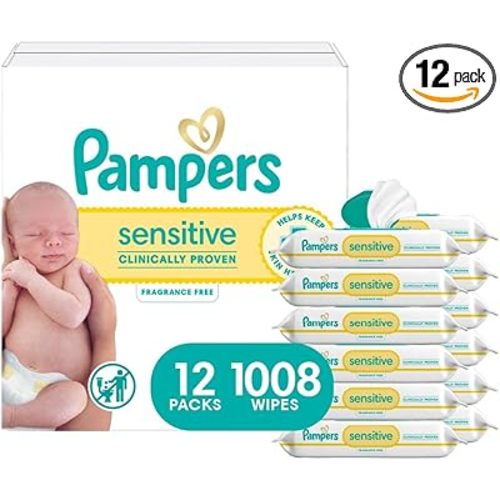 Pampers Sensitive Baby Wipes, Water Based, Hypoallergenic and Unscented, 8 Flip-Top Packs, 4 Refill Packs (1008 Wipes Total)