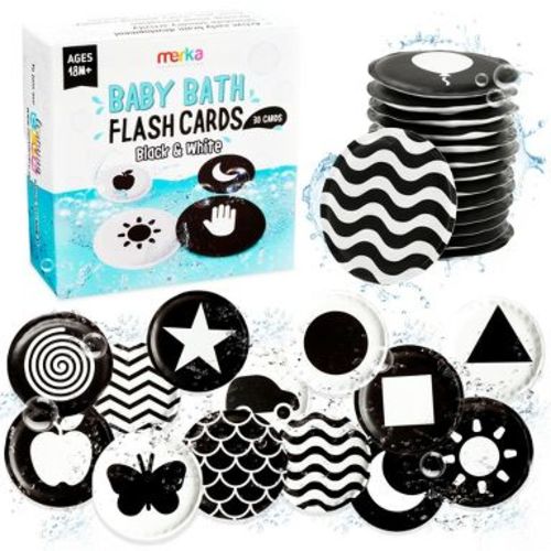 merka High Contrast Baby Toys for Newborn Mold free Bath Toys Black and White Cards for Babies Set of 30 Floating Flashcards