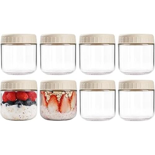 SHOWIN Overnight Oats Containers with Lids, 10oz Glass Jars with Lids 8 pcs, Apricot, Wide Mouth Mason jars for Salad, Yogurt, Snacks, Meal Prep