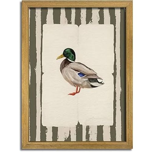 Vintage Framed Duck Wall Art Print, Rustic Mallard Bird Illustration Canvas Poster, Cottagecore Animal Artwork, Farmhouse Nature Wall Decor for Living Room Kitchen Bathroom Bedroom 16x24 inch