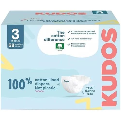 Kudos Chlorine Free Premium Diapers, Cotton-Lined - Size 3, 58 Count, 14-24 lbs