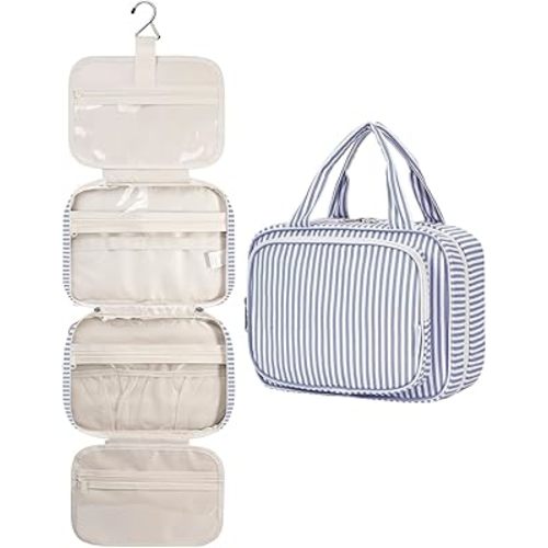 Narwey Striped Hanging Toiletry Bag for Women Travel Makeup Bag Organizer Toiletries Bag for Travel Size Essentials Accessories Cosmetics (Greyish Blue Stripe (Medium))