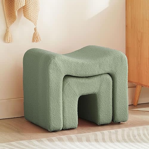 Ottoman Set of 2 Vanity Stool Chair Seating Backless Modern Foot Rest Teddy Velvet Small Footstool Ottoman for Makeup Room Living Room Bedroom Entryway,(2-in-1) Green