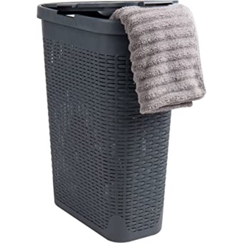 Mind Reader Slim Laundry Hamper with Lid, 40L Clothes Basket, Premium Wicker Design, Plastic, Gray
