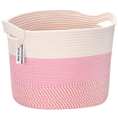 Sea Team Oval Cotton Rope Woven Storage Basket with Handles, 16 x 13 inches, White & Mottled Pink