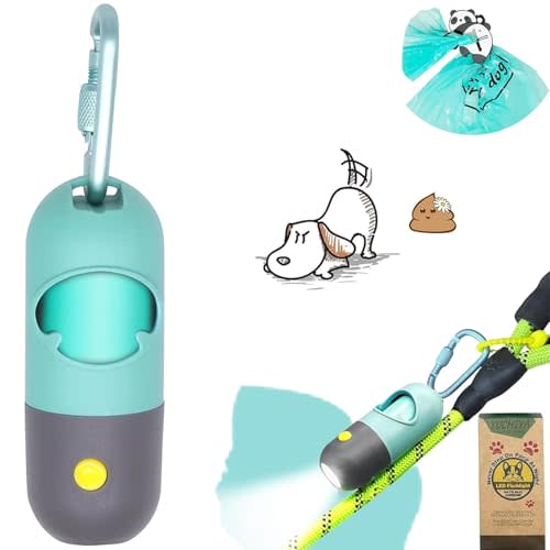 YUCHIYA Dog Poop Bag Holder Dispenser with LED Flashlight(Crystal Blue) | 100ft Ultra-Bright LED|Glow-in-the-Dark Avacado Clip|Metal Carabiner&Silicone Tether|15 Leak-Proof Scented Waste Bags