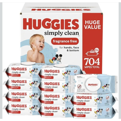 Huggies Simply Clean Unscented Baby Diaper Wipes, 11 Flip-Top Packs (704 Wipes Total), Packaging May Vary