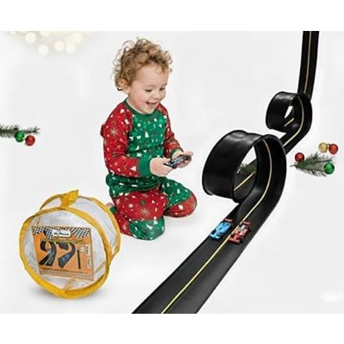 Flexible Race Car Track Set, with Pressure Suction Cup, 2 Small racecars, Zipup Storage Bag, Highly Flexible Two-Lane, Slot Car Race Tracks Set, DOUBLESIDED 5+ Meters Long, Montessori Toy
