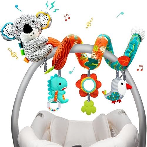 Car Seat Toys Baby Toys 0-3 Months Developmental, Stroller Toys Infant Toys 0-6 Months Newborn Toys, Carseat Toys for Infants 0-12 Months with Dinosaur, Lion Mirror, Teether