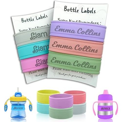 3 Piece Personalized Water Bottle Bands - Custom Silicone Non-Slip Baby Bottle and Sippy Cup Name Labels, Reusable Daycare Identification Bands, Perfect Gifts for Boys, Girls, Summer Camp, Christmas and Baby Showers (Flat style)